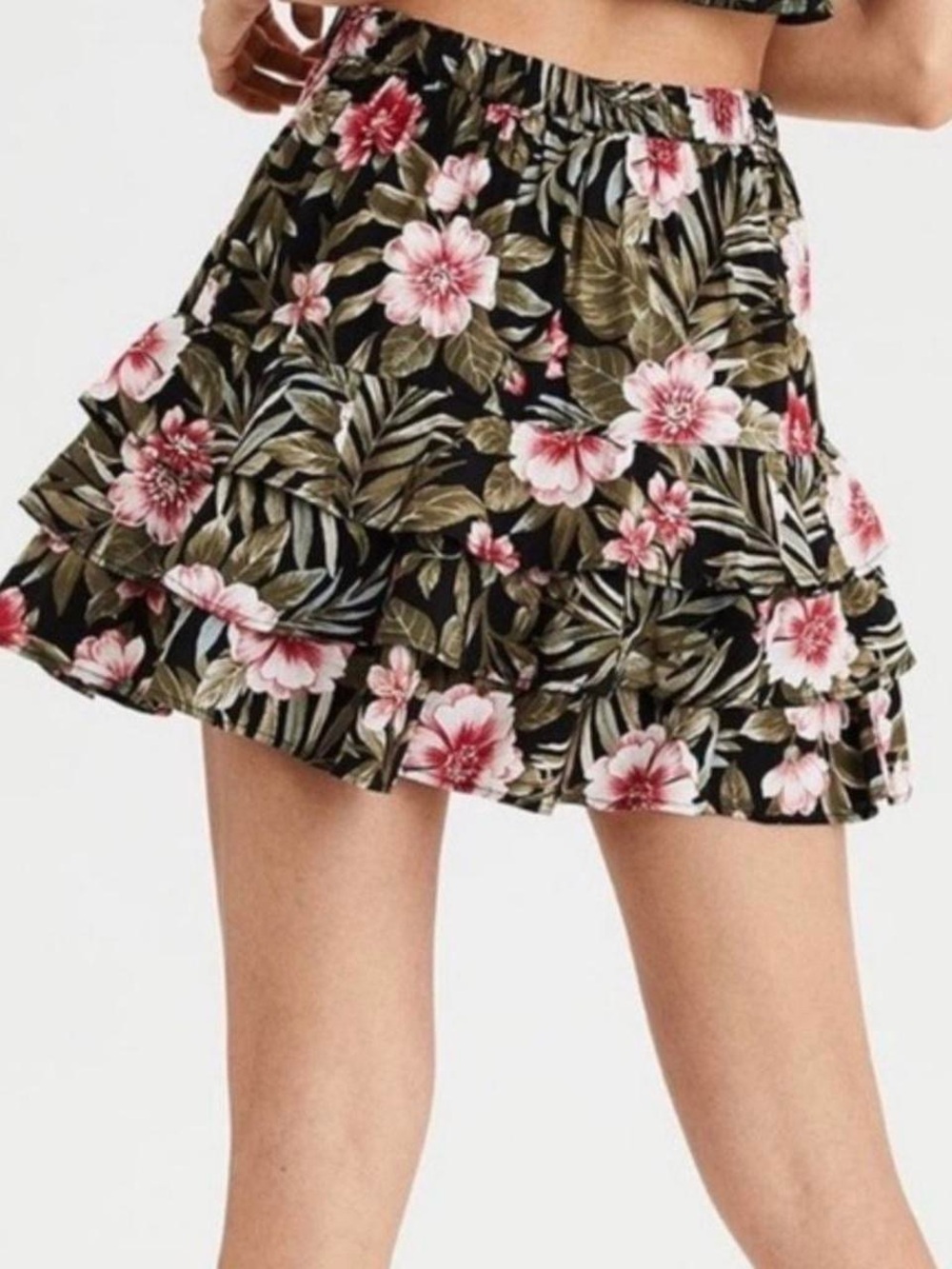 American Eagle Pleated Layered Tropical Floral Midi Skirt Women's Medium Boho